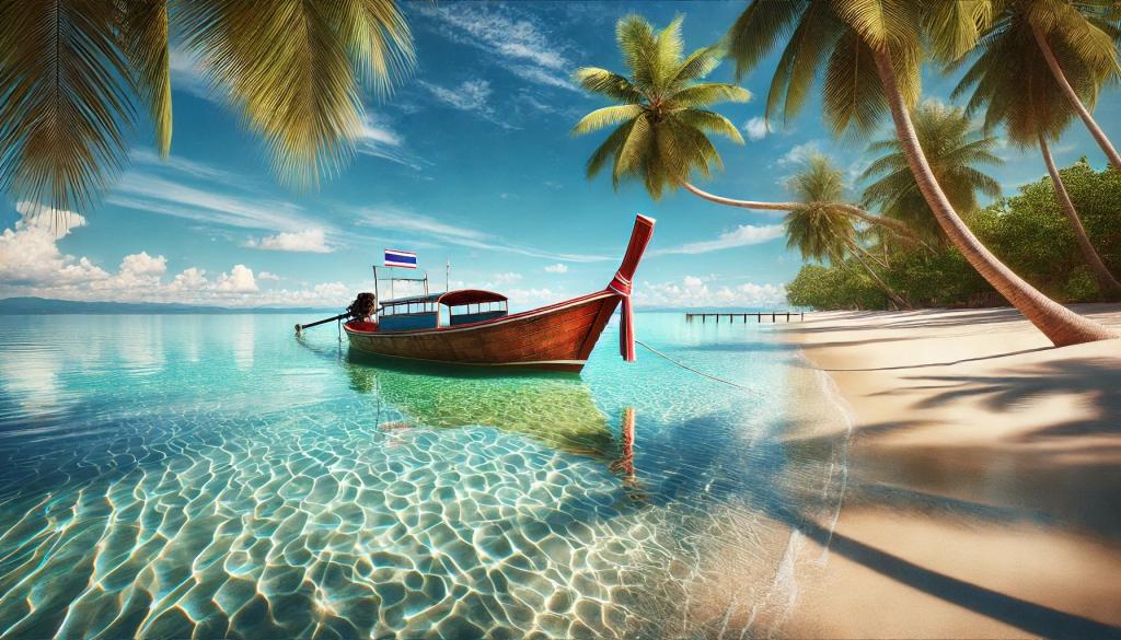 Thailändischer Strand mit Palmen und einem Holzboot vor Anker.